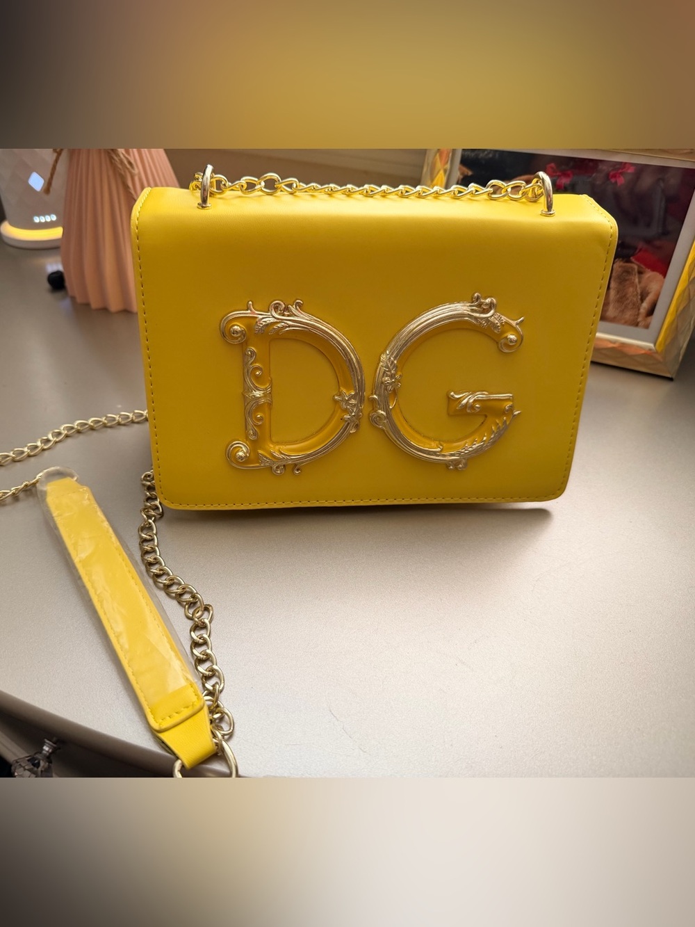 New D&G Yellow Leather DG Embellished Chain Crossbody